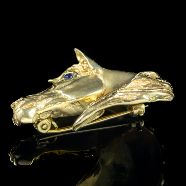 Vintage Horse Head Brooch 9ct Gold Sapphire Eye 
