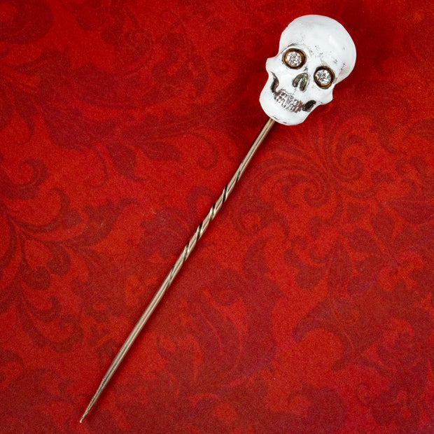 Vintage Memento Mori Style Enamel Skull Stick Pin With Diamond Eyes