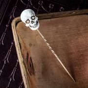 Vintage Memento Mori Style Enamel Skull Stick Pin With Diamond Eyes