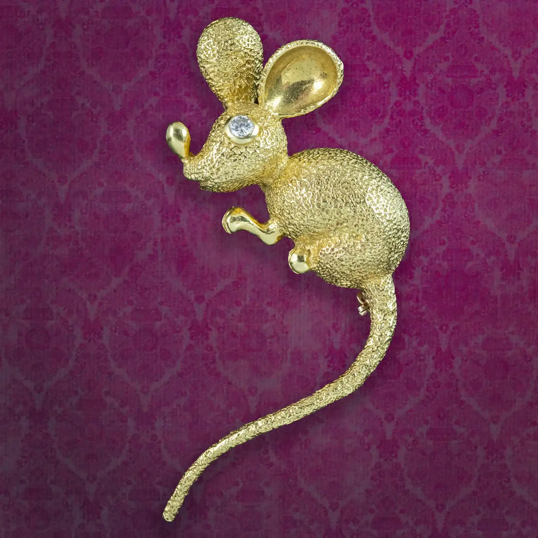 Broche Vintage Souris En Métal Doré Avec Strass Vert - Bijou Rétro - Occasion