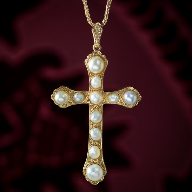 Vintage Natural Baroque Pearl Cross Pendant Necklace 18ct Gold
