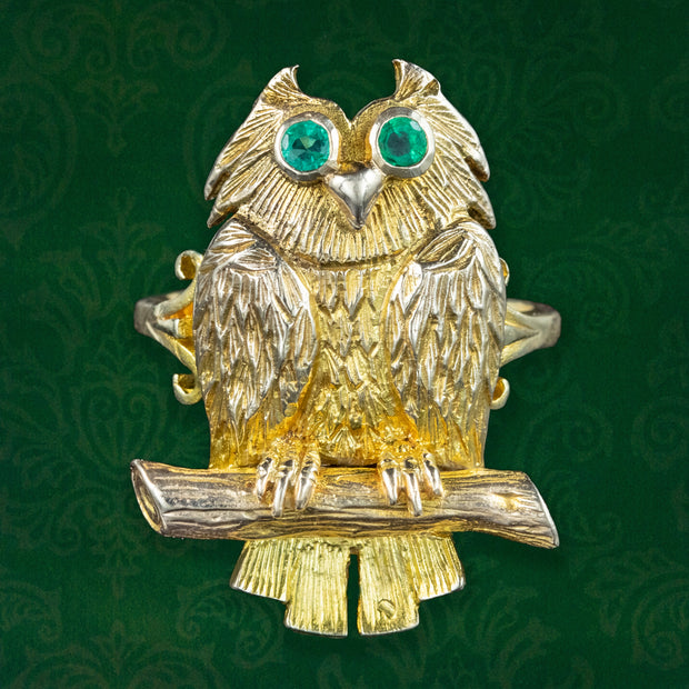 Vintage Owl Ring Emerald Eyes Dated 1972