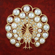 Vintage Pearl Peacock Brooch 14ct Gold