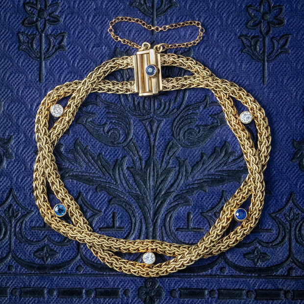 Vintage Sapphire Diamond Chain Bracelet 9ct Gold Dated 1966