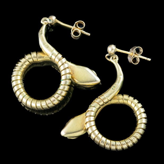 Vintage Snake Drop Earrings 9ct Gold Ruby Eyes Smith And Pepper Dated 1961