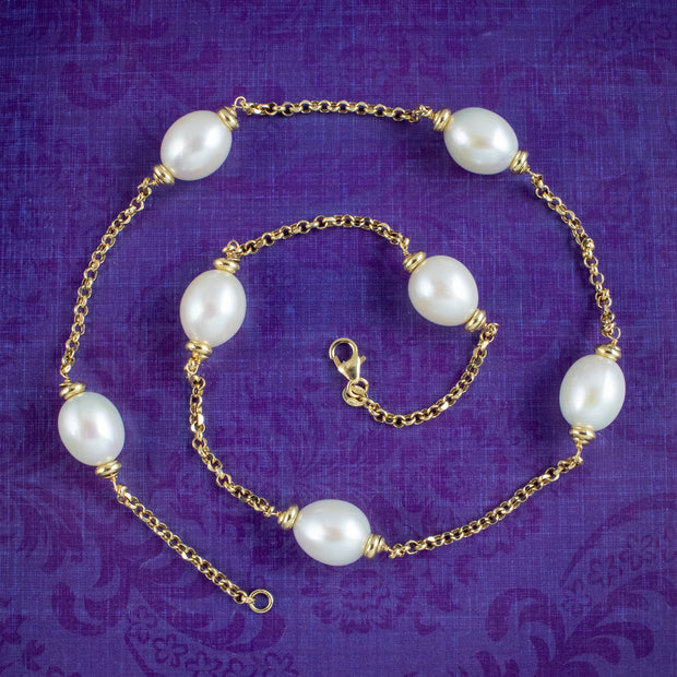 Vintage Style Pearl Chain Necklace 18ct Gold 
