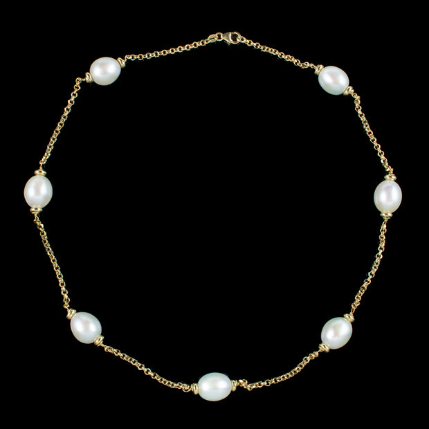 Vintage Style Pearl Chain Necklace 18ct Gold 