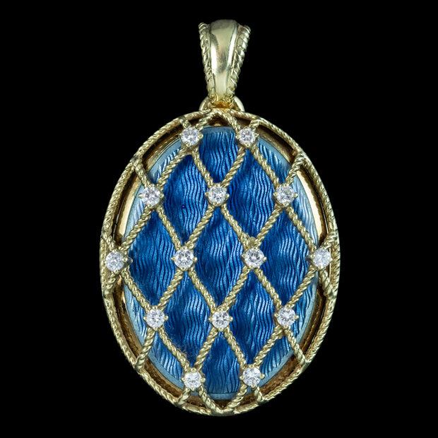 Vintage Victor Mayer Blue Guilloche Enamel Diamond Locket 14ct Gold 