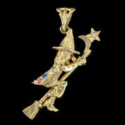 Witch On Broomstick Pendant 9ct Gold Diamond Ruby Sapphire Dated 1999