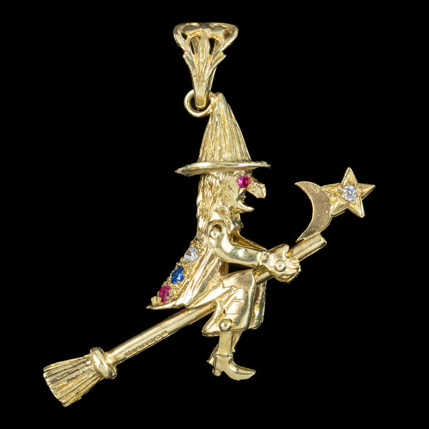 Witch On Broomstick Pendant 9ct Gold Diamond Ruby Sapphire Dated 1999