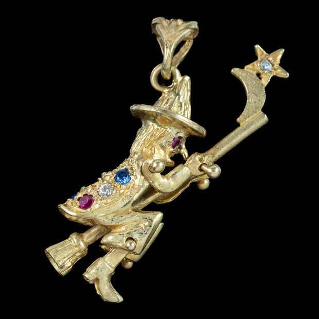 Witch On Broomstick Pendant 9ct Gold Diamond Ruby Sapphire 