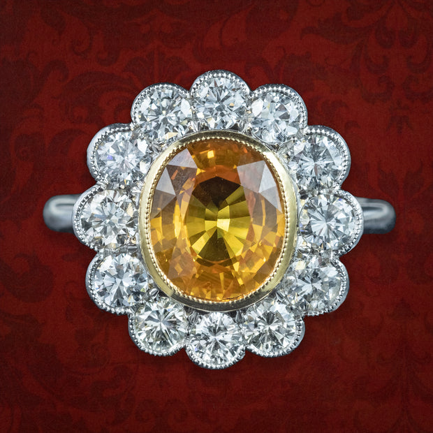Edwardian Style Sapphire Diamond Cluster Ring 3.48ct Yellow Sapphire