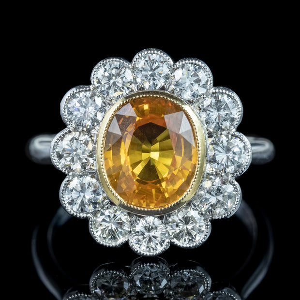 Edwardian Style Sapphire Diamond Cluster Ring 3.48ct Yellow Sapphire