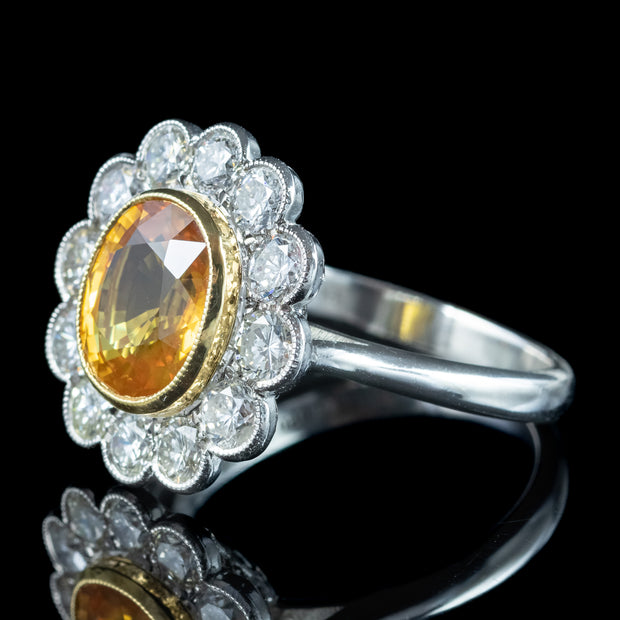 Edwardian Style Sapphire Diamond Cluster Ring 3.48ct Yellow Sapphire