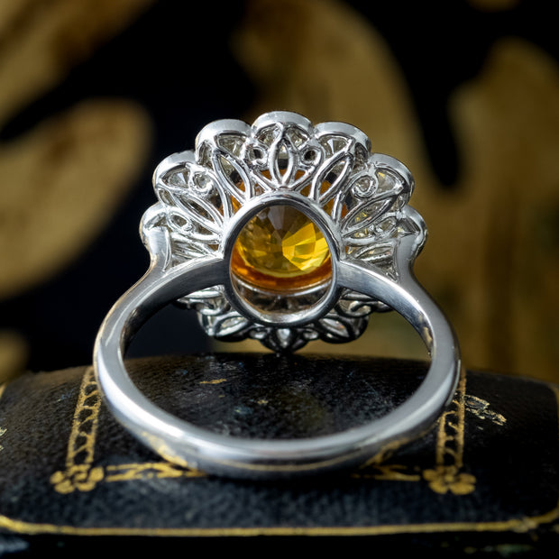 Edwardian Style Sapphire Diamond Cluster Ring 3.48ct Yellow Sapphire