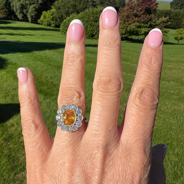 Edwardian Style Sapphire Diamond Cluster Ring 3.48ct Yellow Sapphire
