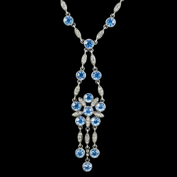 Antique Edwardian Blue Paste Flower Necklace Silver