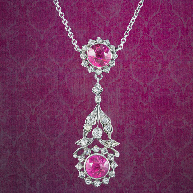 Antique Edwardian Pink Paste Lavaliere Necklace Silver