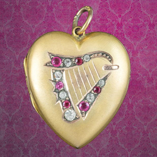 Antique Victorian Paste Lyre Heart Locket 9ct Gold Back And Front Circa 1900