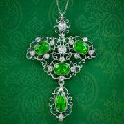 Antique Victorian Pendant Necklace Green Paste Stone Silver Circa 1900