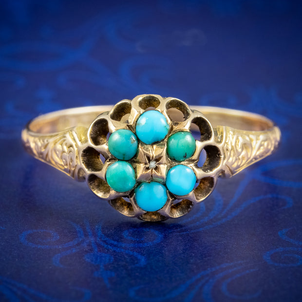 Antique Victorian Turquoise Diamond Cluster Ring 15Ct Gold Dated 1870