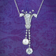 Art Deco Diamond Pearl Lily Lavaliere Necklace 5ct Of Diamond With Cert