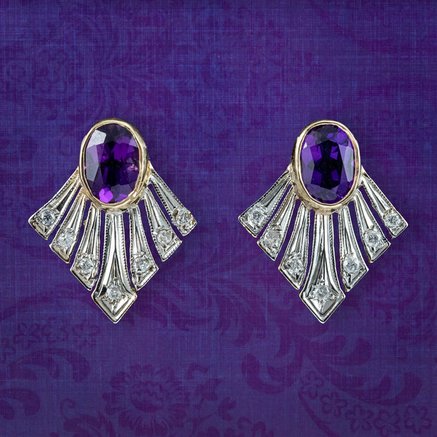 Art Deco Style Amethyst Diamond Fan Earrings 9ct Gold