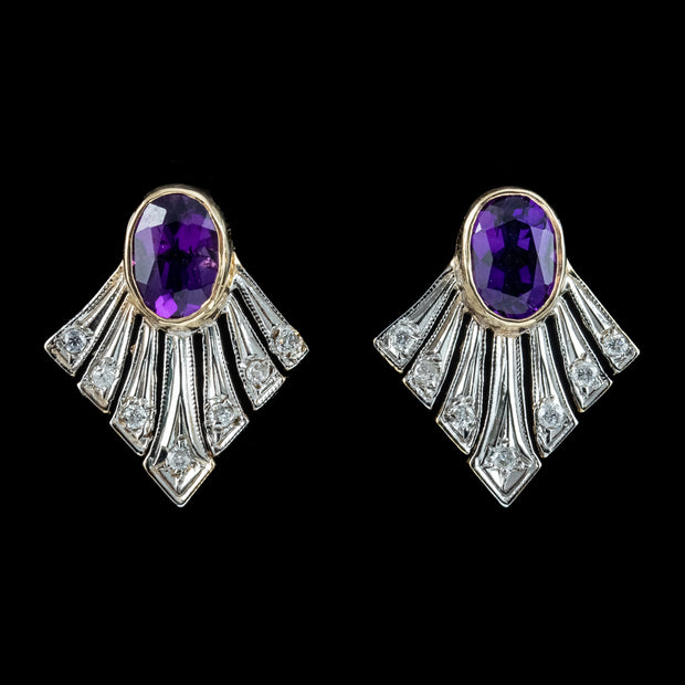 Art Deco Style Amethyst Diamond Fan Earrings 9ct Gold