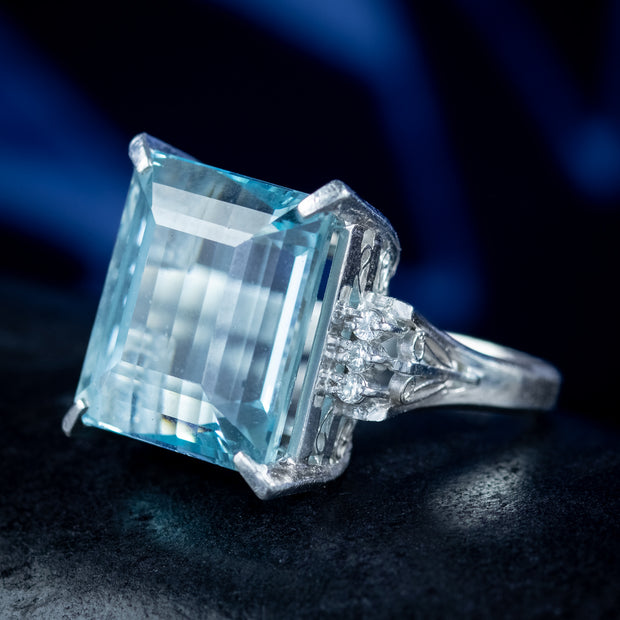 Art Deco Style Aquamarine Diamond Cocktail Ring 14.88ct Aqua