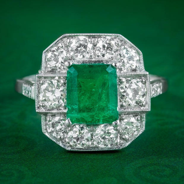 Art Deco Style Emerald Diamond Ring Platinum 1.80Ct Emerald 1.40Ct Diamond