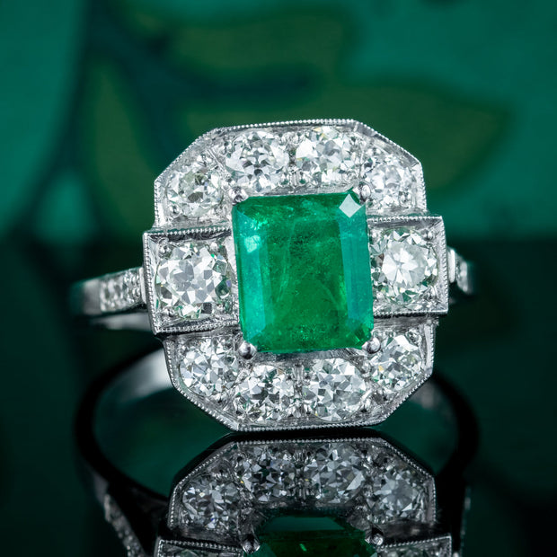 Art Deco Style Emerald Diamond Cluster Ring 1.8ct Emerald 