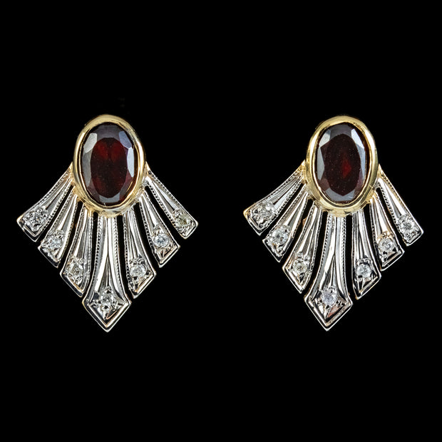 Art Deco Style Garnet Diamond Fan Earrings 9ct Gold