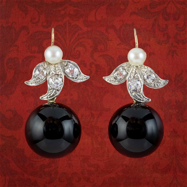 Art Deco Style Onyx Diamond Pearl Earrings 18ct Gold Platinum