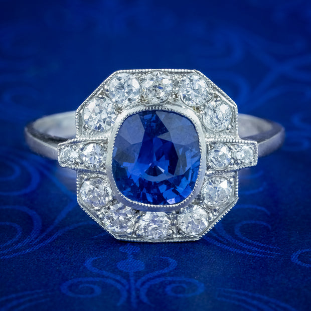 Art Deco Style Sapphire Diamond Cluster Ring Platinum 1.40Ct Sapphire