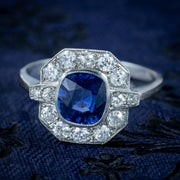 Art Deco Style Sapphire Diamond Cluster Ring Platinum 1.40Ct Sapphire