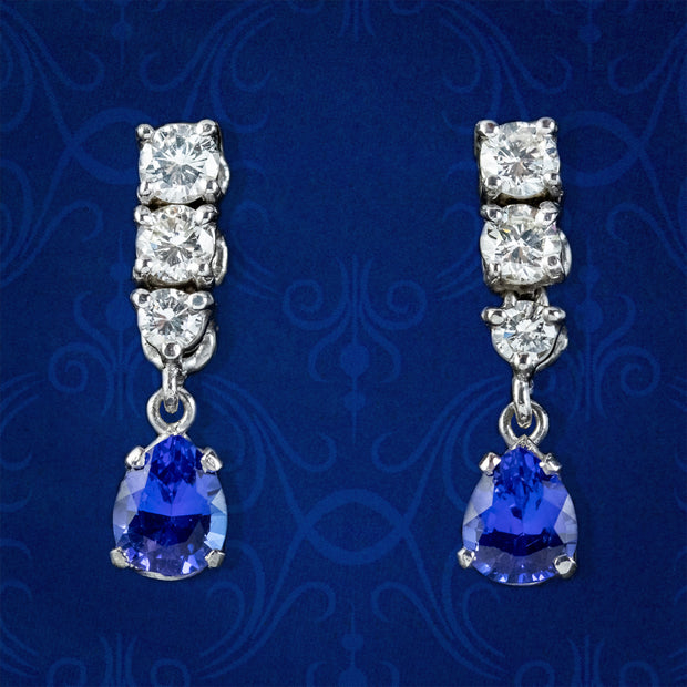 Art Deco Style Tanzanite Diamond Drop Earrings 18ct Gold 1.20ct Of Tanzanite