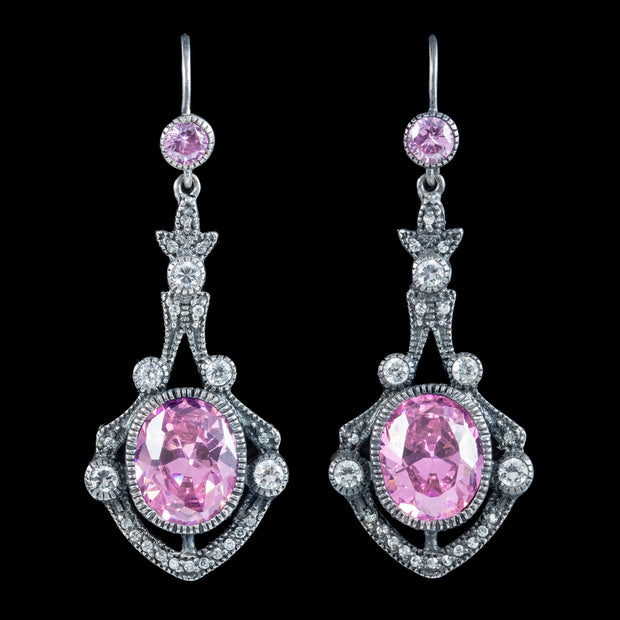 Edwardian Style Pink CZ Drop Earrings Silver