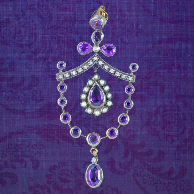Edwardian Style Amethyst Diamond Pearl Pendant 18ct Gold On Silver