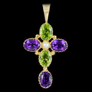 Edwardian Style Amethyst Peridot Pearl Suffragette Cross Pendant 9ct Gold