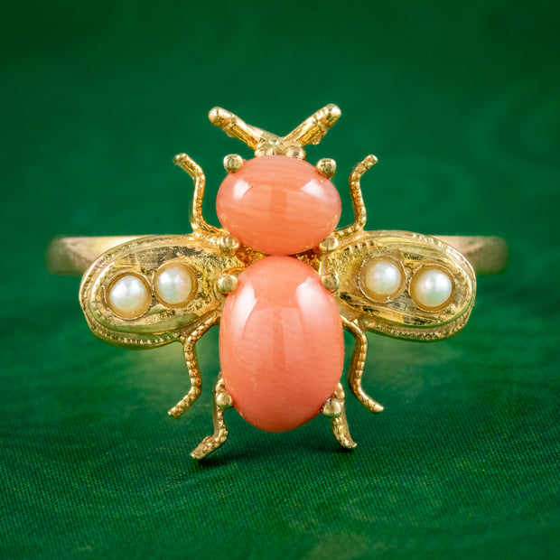 Edwardian Style Coral Pearl Bee Ring Gold On Silver