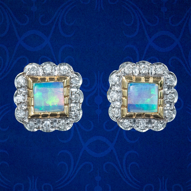 Art Deco Style Opal Diamond Stud Earrings 9ct Gold