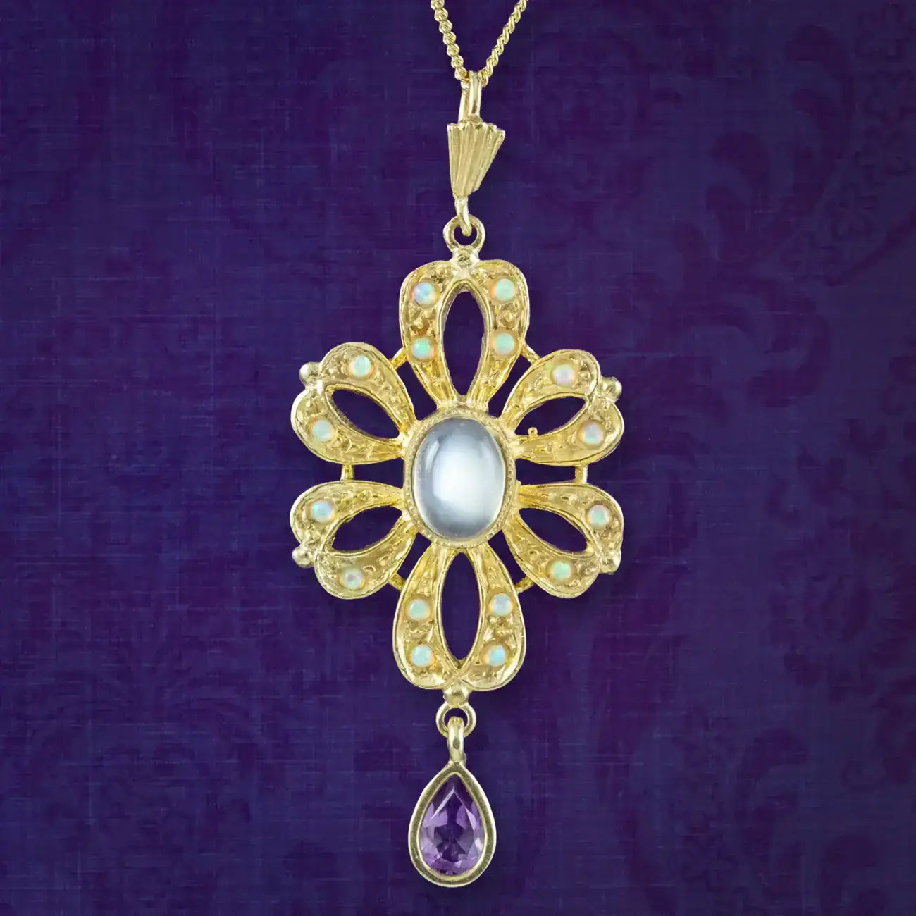 Edwardian Style Pendant Necklace Opal Moonstone Amethyst
