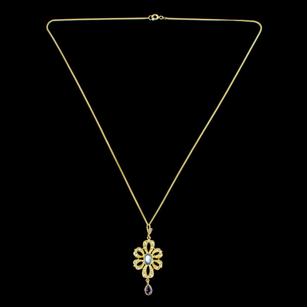  Edwardian Style Opal Moonstone Amethyst Pendant Necklace Silver Gilt
