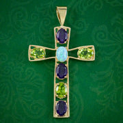 Edwardian Suffragette Style Amethyst Peridot Opal Cross Pendant 9ct Gold