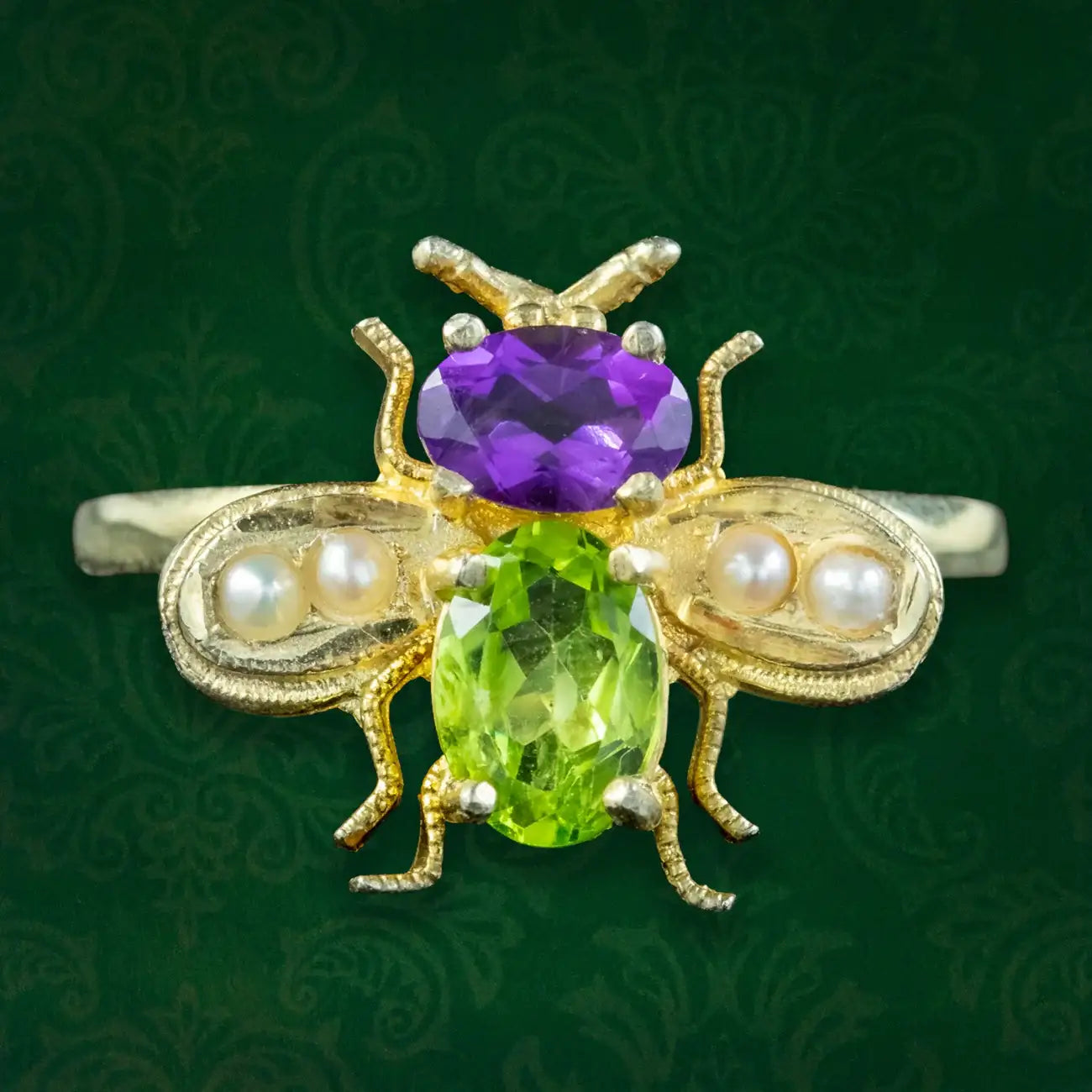 Edwardian Style Suffragette Bee Ring Peridot Amethyst Pearl