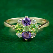 Edwardian Suffragette Style 9ct Gold Cluster Ring Amethyst Peridot Diamond