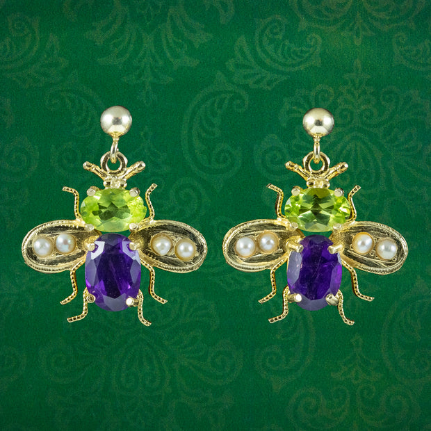 Edwardian Suffragette Style Insect Bee Earrings Peridot Amethyst Pearls