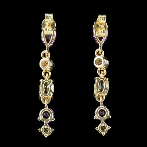 Edwardian Suffragette Style Long Earrings 9Ct Gold Amethyst Peridot Diamond