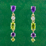 Edwardian Suffragette Style Long Earrings 9Ct Gold Amethyst Peridot Diamond