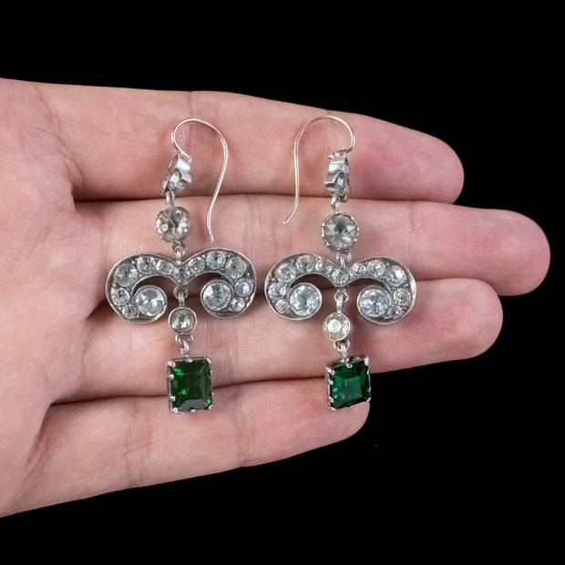 Georgian Style Green Paste Drop Earrings Silver Gold Wires